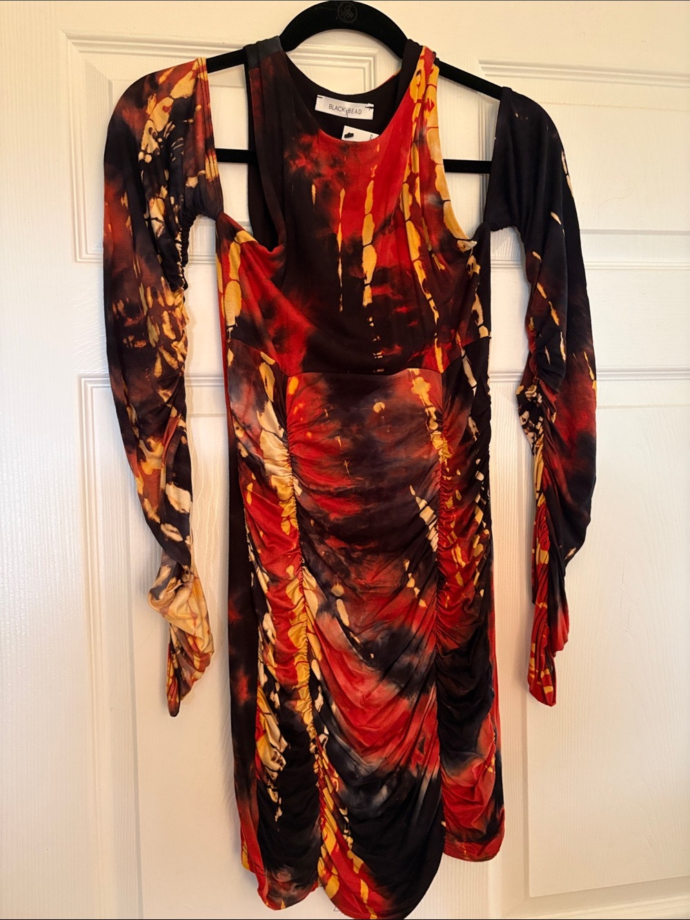 Black Bead Multicolor Tie-Dye Ruched Long Sleeve Dress